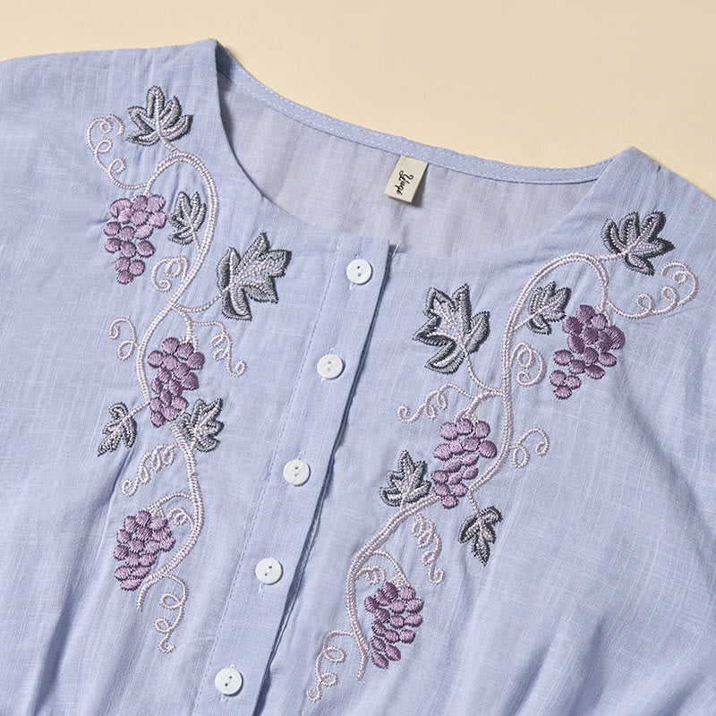 Buddha Stones Summer Grape Vine Embroidery Lace-up Design Short Sleeve Midi Dress With Pockets - image 2