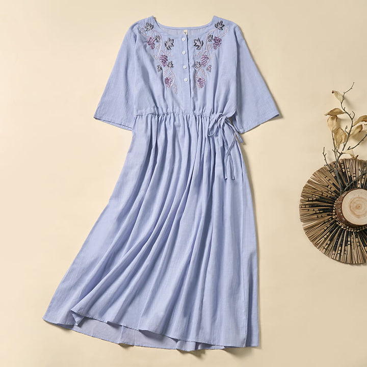 Buddha Stones Summer Grape Vine Embroidery Lace-up Design Short Sleeve Midi Dress With Pockets - LightBlue - US8-10，UK/AU12-14，EU40-42 (2XL) - image 0