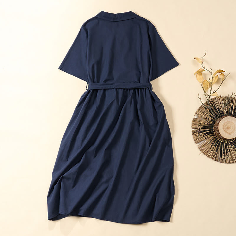 Buddha Stones Summer Solid Color Lace-up A-line Design Short Sleeve Midi Dress With Pockets - image 1