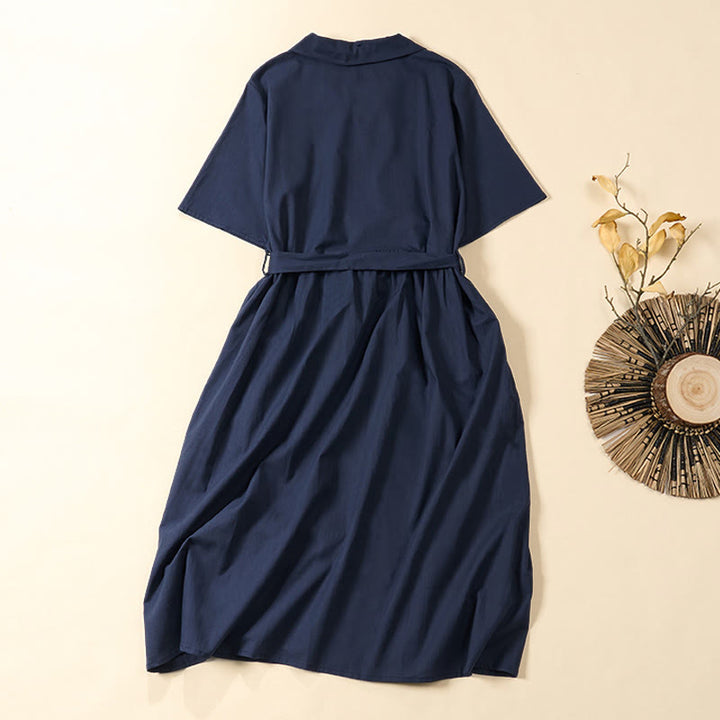 Buddha Stones Summer Solid Color Lace-up A-line Design Short Sleeve Midi Dress With Pockets - image 1