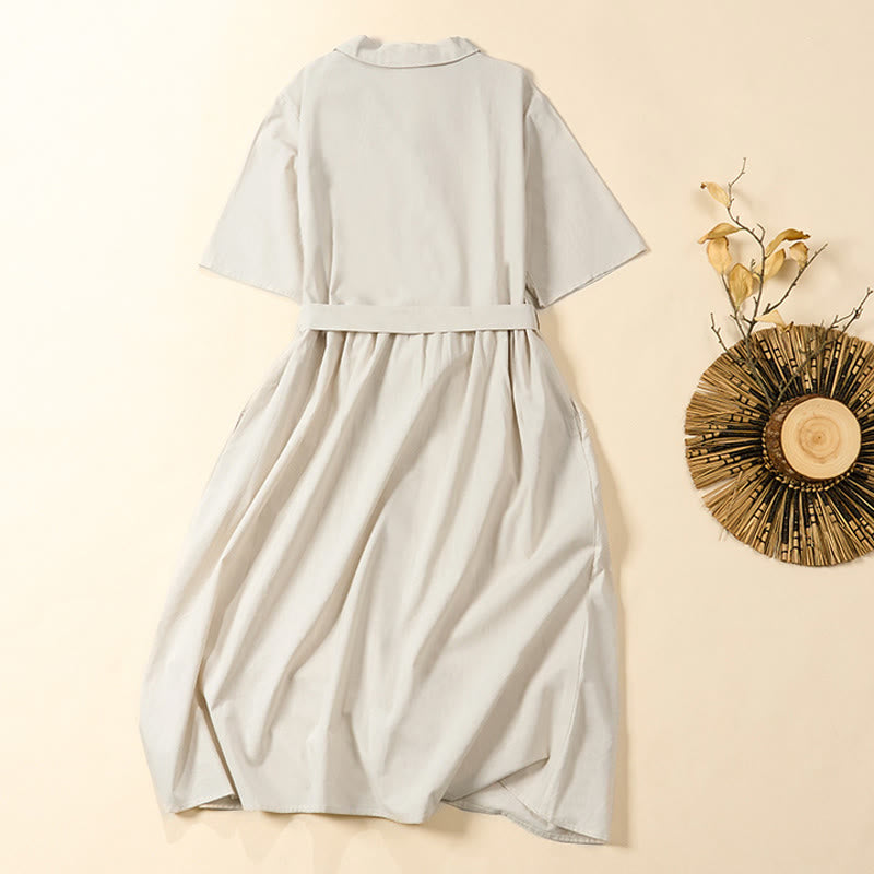 Buddha Stones Summer Solid Color Lace-up A-line Design Short Sleeve Midi Dress With Pockets - image 9