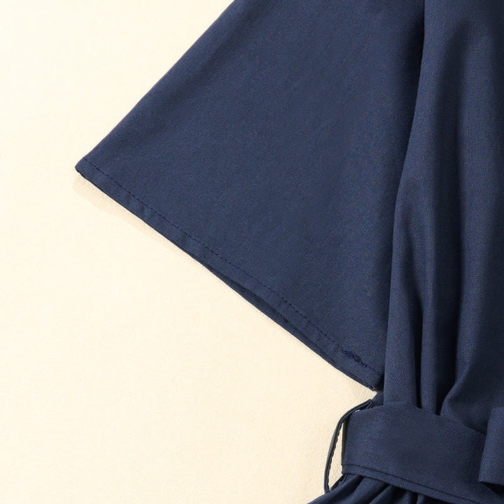 Buddha Stones Summer Solid Color Lace-up A-line Design Short Sleeve Midi Dress With Pockets - image 5