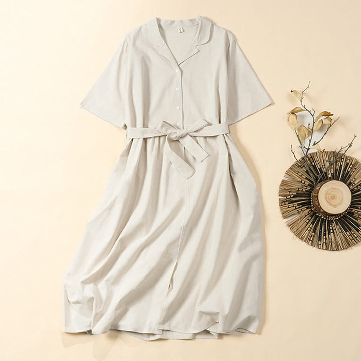 Buddha Stones Summer Solid Color Lace-up A-line Design Short Sleeve Midi Dress With Pockets - Beige - US8-10，UK/AU12-14，EU40-42 (2XL) - image 8