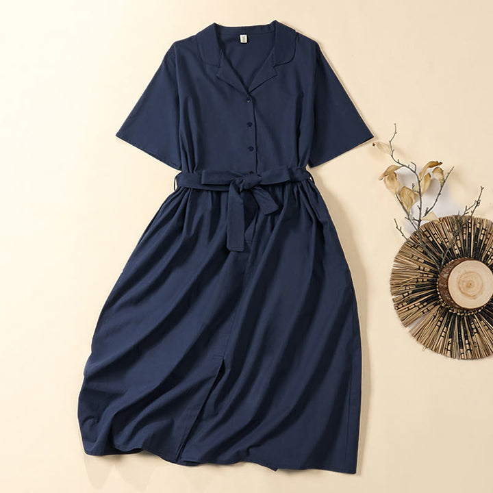 Buddha Stones Summer Solid Color Lace-up A-line Design Short Sleeve Midi Dress With Pockets - SteelBlue - US8-10，UK/AU12-14，EU40-42 (2XL) - image 0