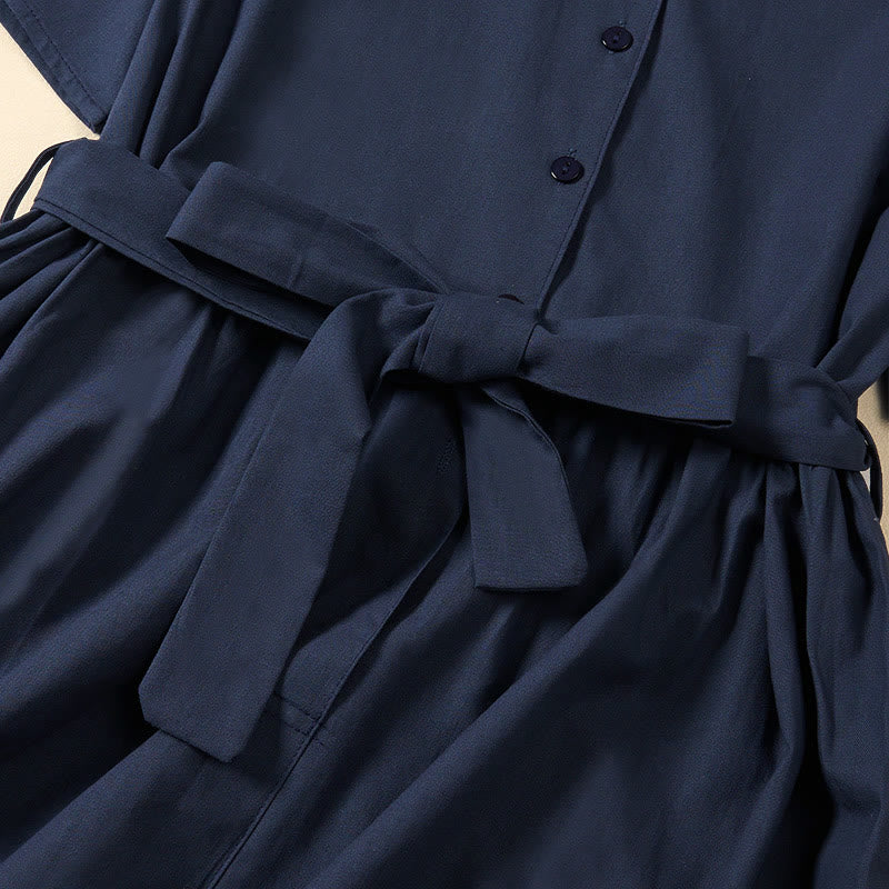 Buddha Stones Summer Solid Color Lace-up A-line Design Short Sleeve Midi Dress With Pockets - image 4