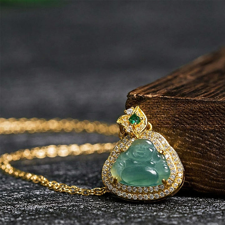 Buddha Stones Jade Laughing Buddha Prosperity Luck Necklace Pendant - image 1