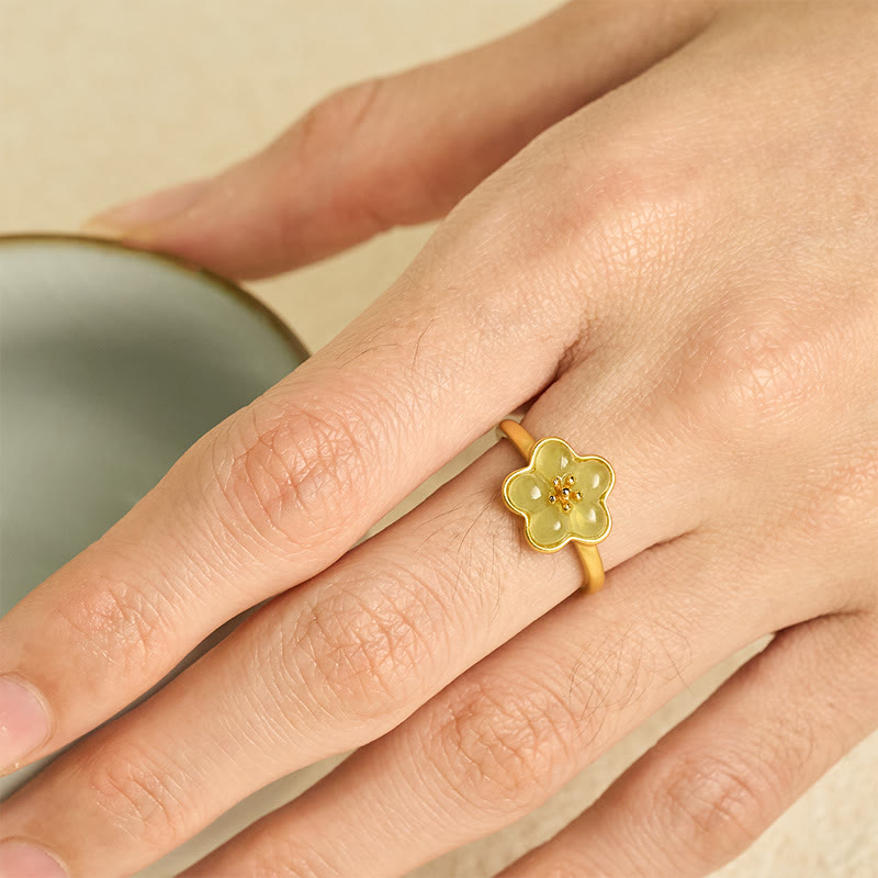 Buddha Stones Plum Blossom Hetian Jade Copper Luck Ring - image 4