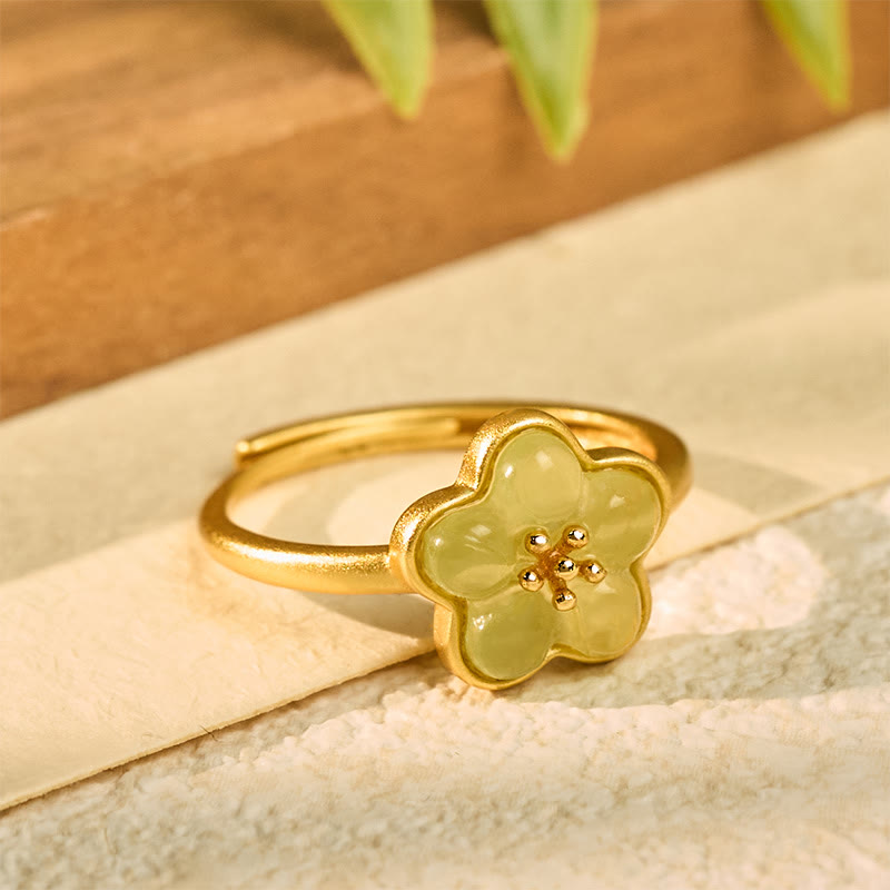 Buddha Stones Plum Blossom Hetian Jade Copper Luck Ring - image 1