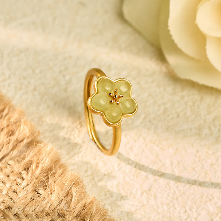 Buddha Stones Plum Blossom Hetian Jade Copper Luck Ring - Hetian Jade Copper(Adjustable) - image 0