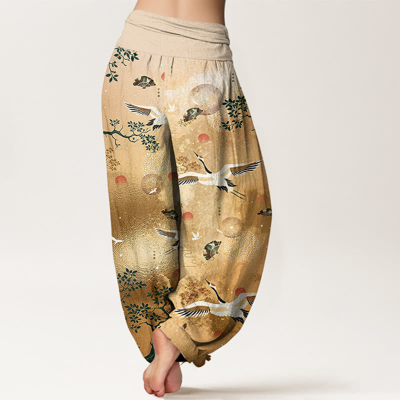 Buddha Stones Cotton Traditional Crane Pine Tree Bird Fan Sun Pattern Women's Elastic Waist Harem Pants - image 1