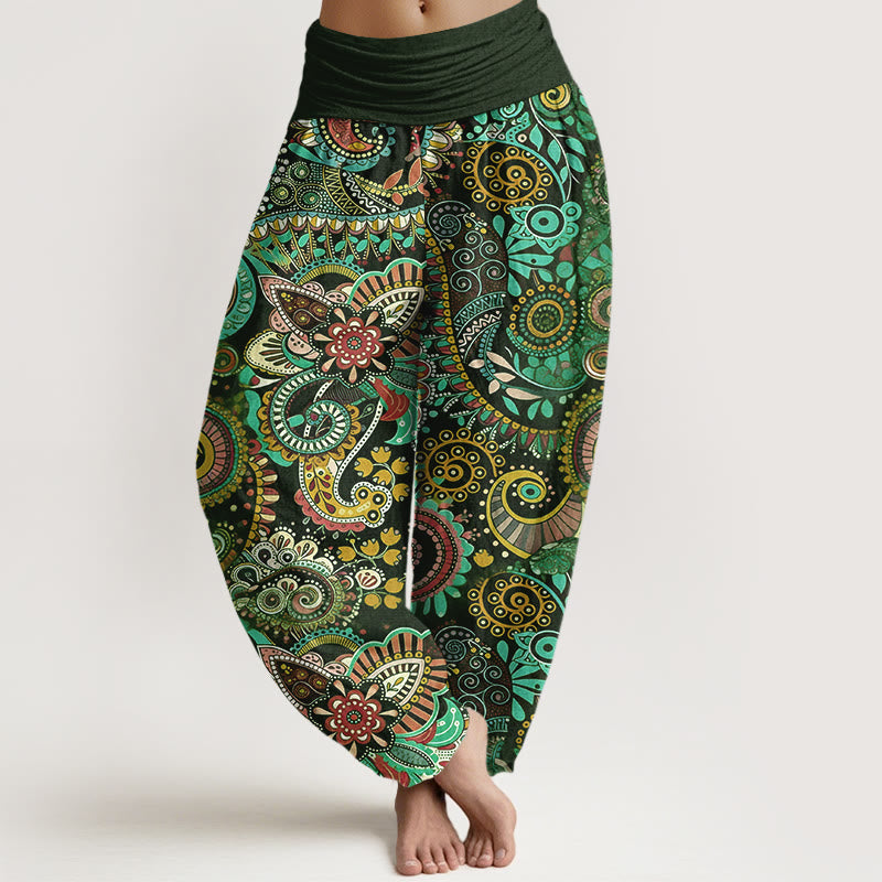 Buddha Stones Cotton Traditional Paisley Pattern Women's Elastic Waist Harem Pants - DarkGreen - US16，UK/AU20，EU48 (3XL) - image 5