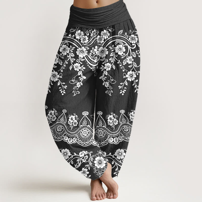 Buddha Stones Cotton Traditional Flower Vine Leaf Pattern Women's Elastic Waist Harem Pants - Black - US16，UK/AU20，EU48 (3XL) - image 0