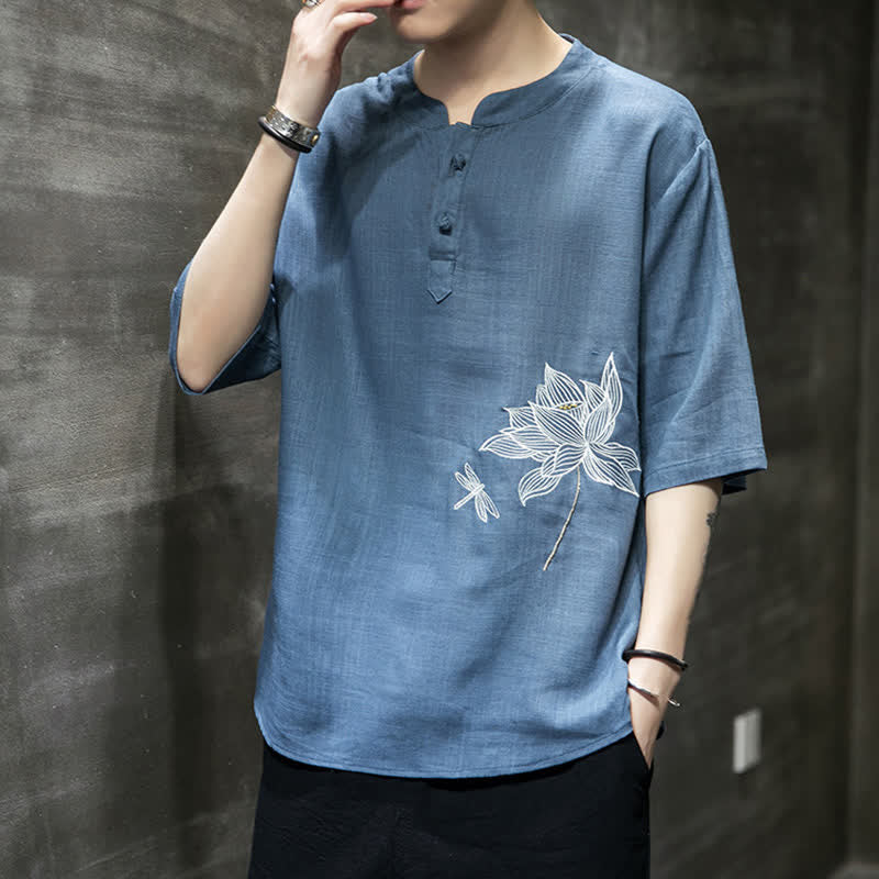 Buddha Stones Summer Embroidered Lotus Dragonfly Pattern Chinese Frog-Button Men's Short Sleeve T-shirt - image 23