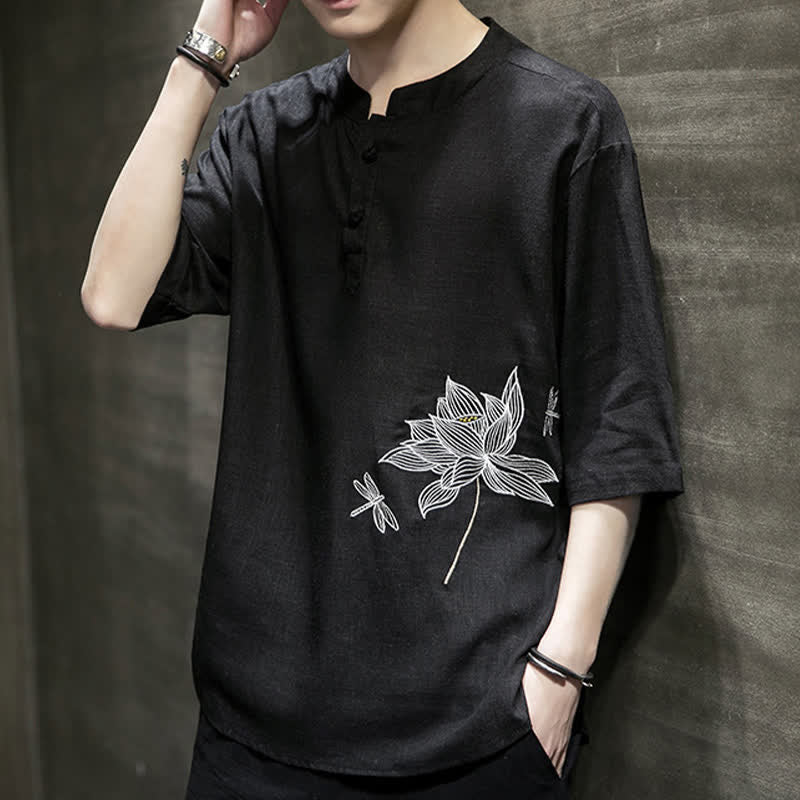 Buddha Stones Summer Embroidered Lotus Dragonfly Pattern Chinese Frog-Button Men's Short Sleeve T-shirt - image 4