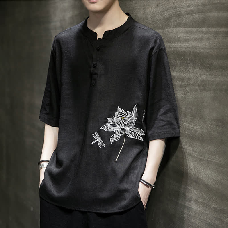 Buddha Stones Summer Embroidered Lotus Dragonfly Pattern Chinese Frog-Button Men's Short Sleeve T-shirt - image 5