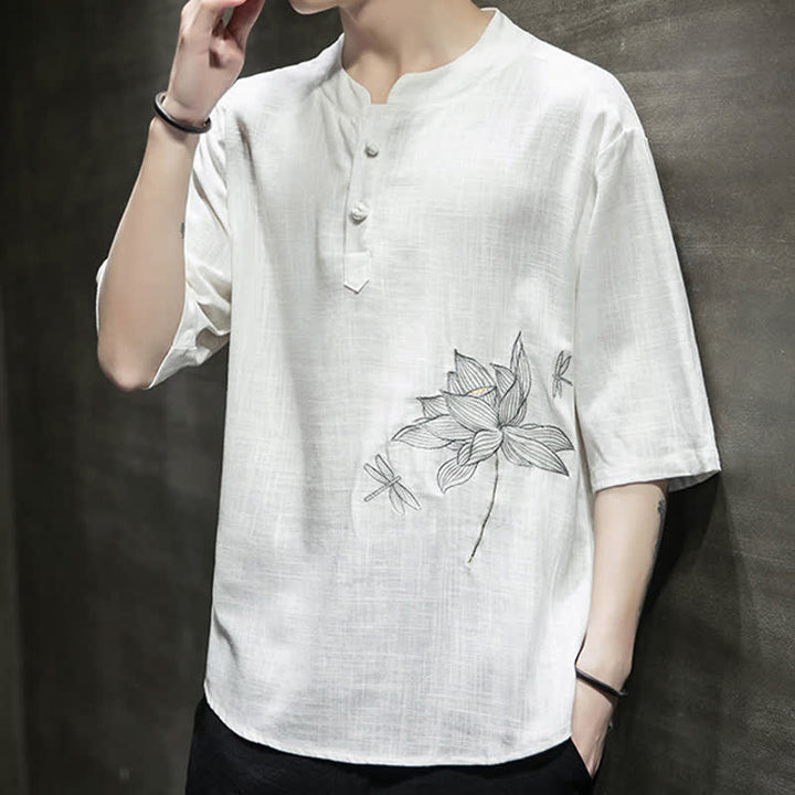 Buddha Stones Summer Embroidered Lotus Dragonfly Pattern Chinese Frog-Button Men's Short Sleeve T-shirt - image 14