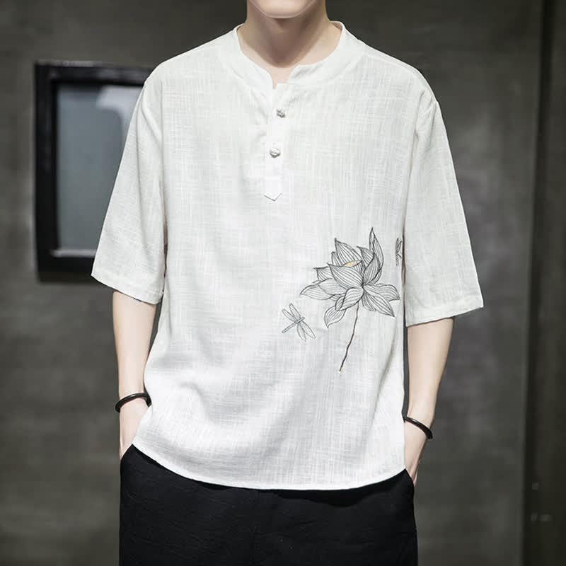 Buddha Stones Summer Embroidered Lotus Dragonfly Pattern Chinese Frog-Button Men's Short Sleeve T-shirt - image 12