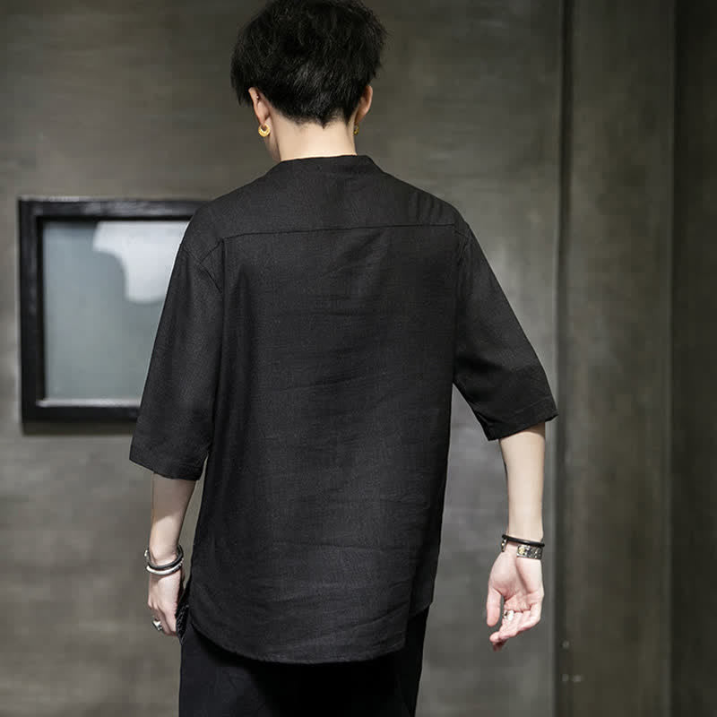 Buddha Stones Summer Embroidered Lotus Dragonfly Pattern Chinese Frog-Button Men's Short Sleeve T-shirt - image 2