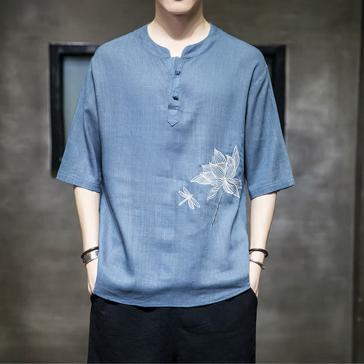 Buddha Stones Summer Embroidered Lotus Dragonfly Pattern Chinese Frog-Button Men's Short Sleeve T-shirt - image 21