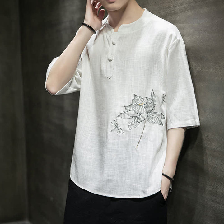 Buddha Stones Summer Embroidered Lotus Dragonfly Pattern Chinese Frog-Button Men's Short Sleeve T-shirt - image 16