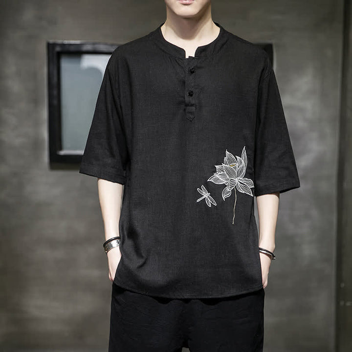 Buddha Stones Summer Embroidered Lotus Dragonfly Pattern Chinese Frog-Button Men's Short Sleeve T-shirt - Black - US/UK/AU46，EU56 (5XL) - image 0