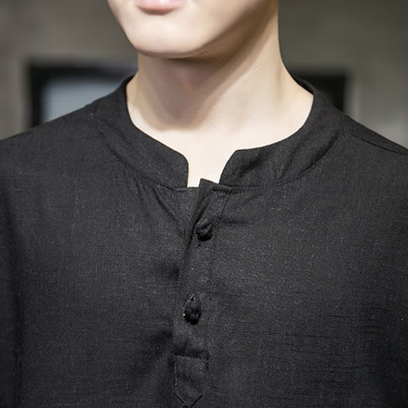 Buddha Stones Summer Embroidered Lotus Dragonfly Pattern Chinese Frog-Button Men's Short Sleeve T-shirt - image 6