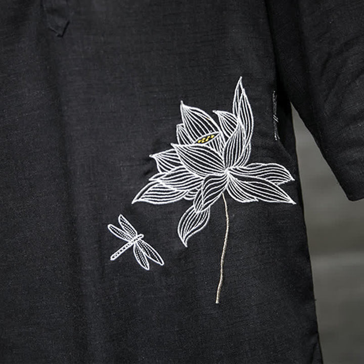 Buddha Stones Summer Embroidered Lotus Dragonfly Pattern Chinese Frog-Button Men's Short Sleeve T-shirt - image 8