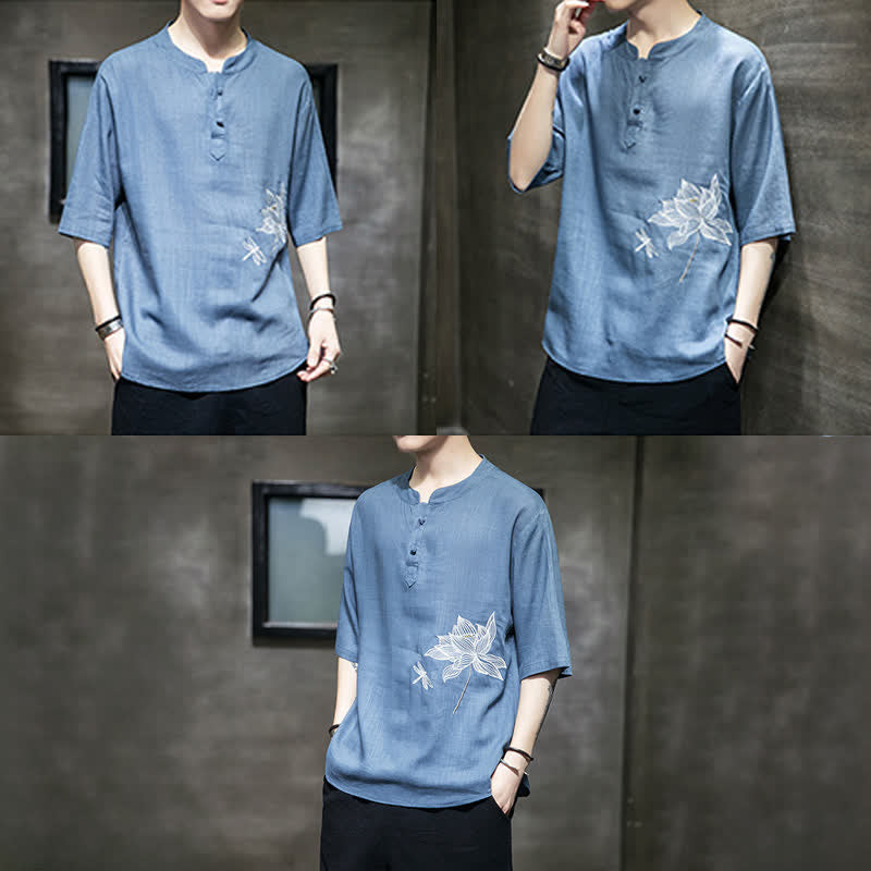 Buddha Stones Summer Embroidered Lotus Dragonfly Pattern Chinese Frog-Button Men's Short Sleeve T-shirt - image 25