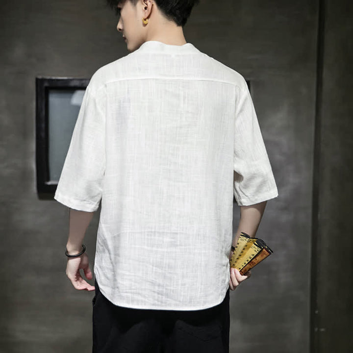 Buddha Stones Summer Embroidered Lotus Dragonfly Pattern Chinese Frog-Button Men's Short Sleeve T-shirt - image 13