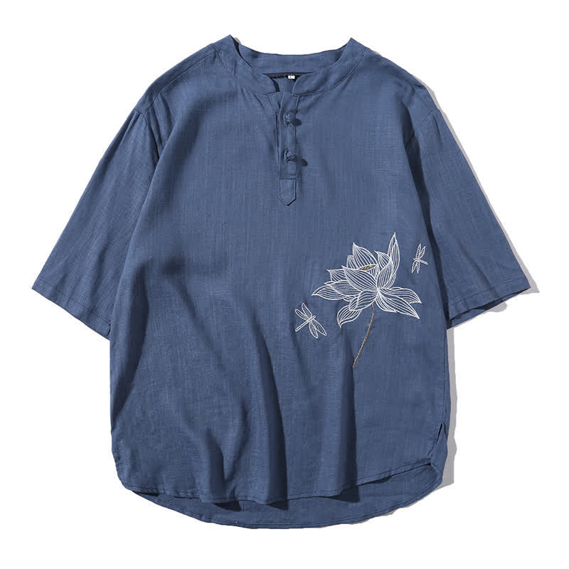 Buddha Stones Summer Embroidered Lotus Dragonfly Pattern Chinese Frog-Button Men's Short Sleeve T-shirt - image 26