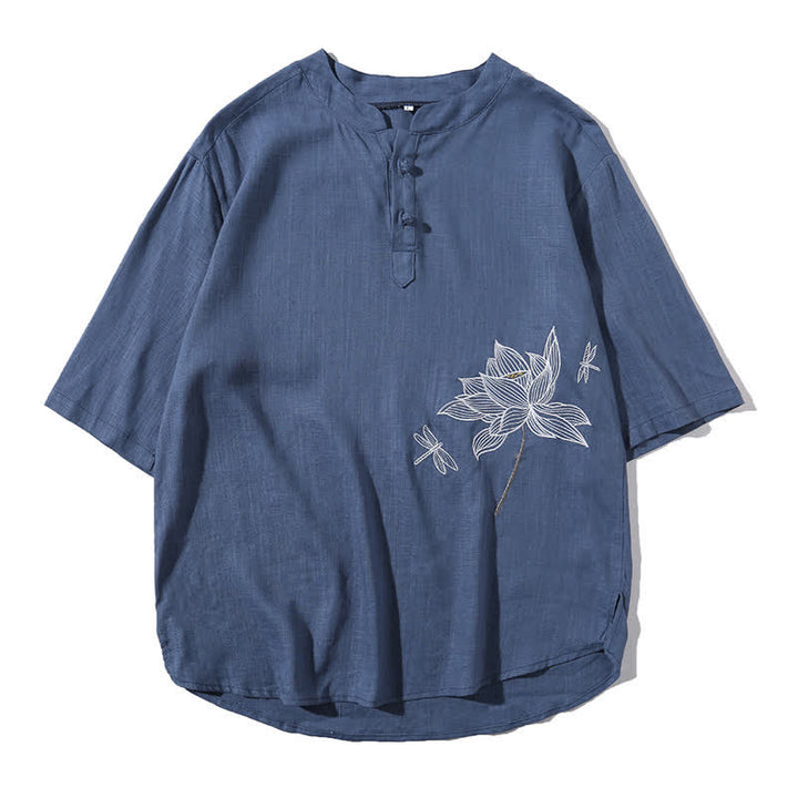 Buddha Stones Summer Embroidered Lotus Dragonfly Pattern Chinese Frog-Button Men's Short Sleeve T-shirt - image 26