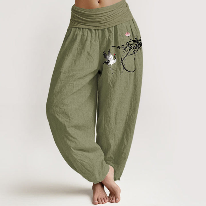 Buddha Stones Pure Cotton Minimalist Style Crane Lotus Branch Leaf Pattern Women's Elastic Waist Harem Pants - OliveDrab - US16，UK/AU20，EU48 (3XL) - image 14