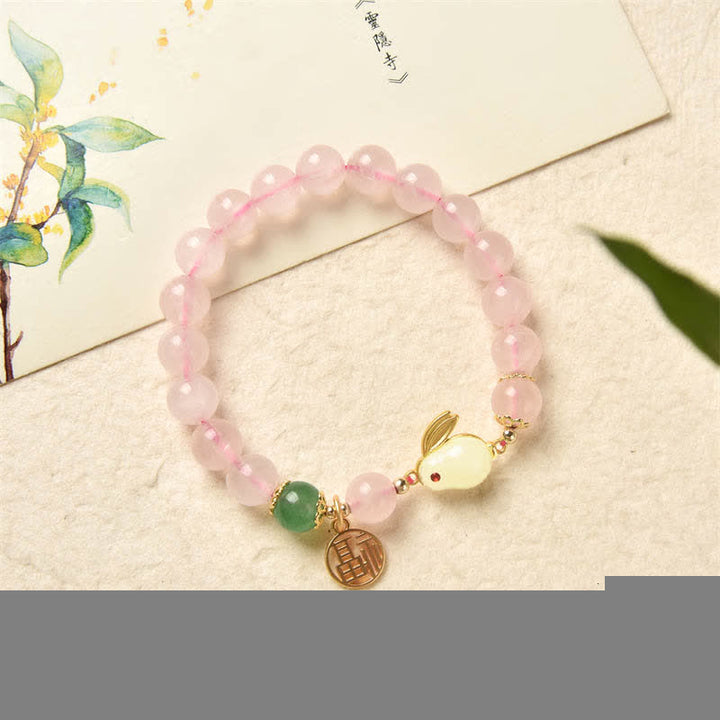 Year of the Rabbit Natural Pink Crystal Green Agate Bunny Love Happiness Bracelet - image 6