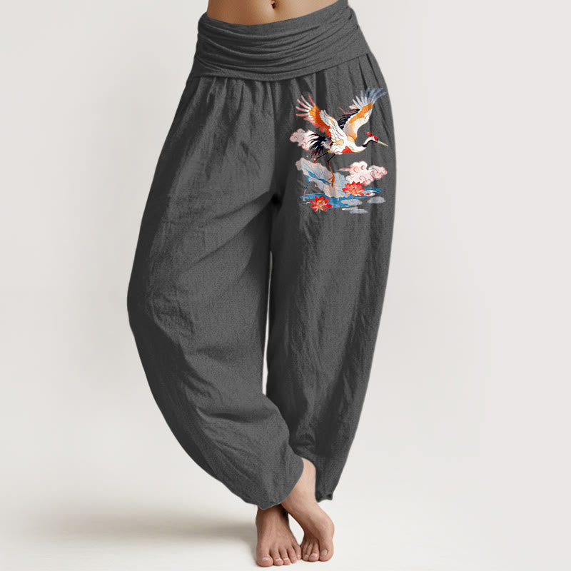 Buddha Stones Pure Cotton Colourful Crane Lotus Leaf Flower Cloud Pattern Women's Elastic Waist Harem Pants - DimGray - US16，UK/AU20，EU48 (3XL) - image 8