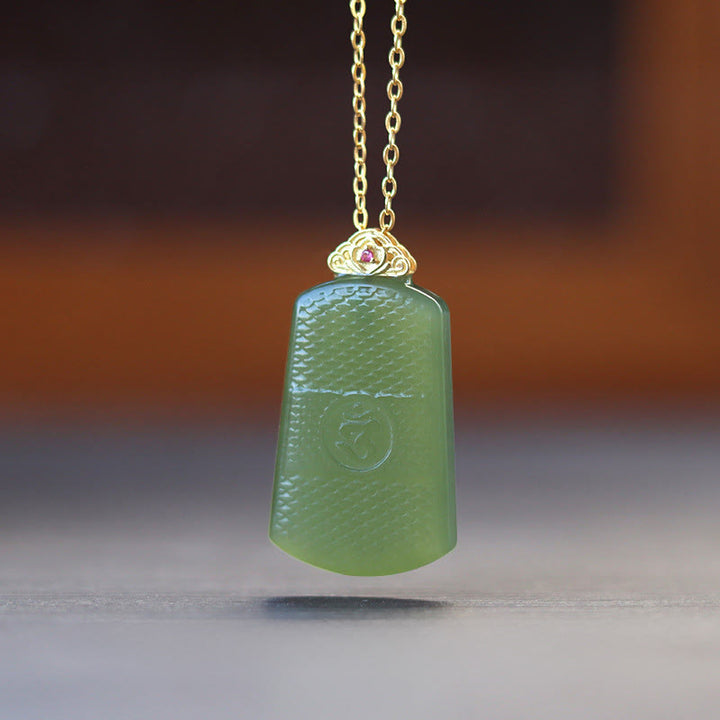 Buddha Stones Hetian Jade 925 Sterling Silver Om Symbol Prosperity Necklace Pendant - Dark Hetian Jade 925 Sterling Silver - image 0