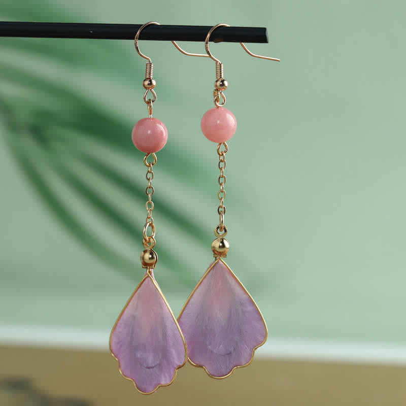 Buddha Stones Handcrafted Silk Art Petal Good Fortune Blessing Dangle Hook Earrings - Pink Petal(Size: About 8.5*2cm) - image 9