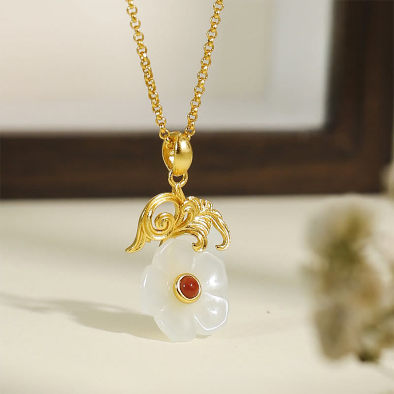 Buddha Stones Hetian Jade Flower 925 Sterling Silver Luck Necklace Pendant - Hetian Jade 925 Sterling Silver - image 0