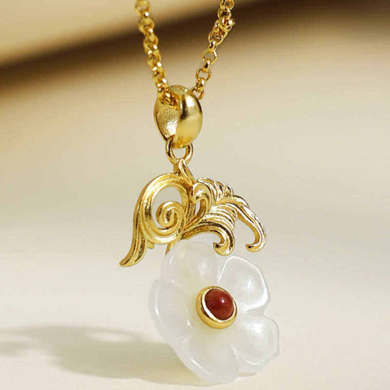 Buddha Stones Hetian Jade Flower 925 Sterling Silver Luck Necklace Pendant - image 1