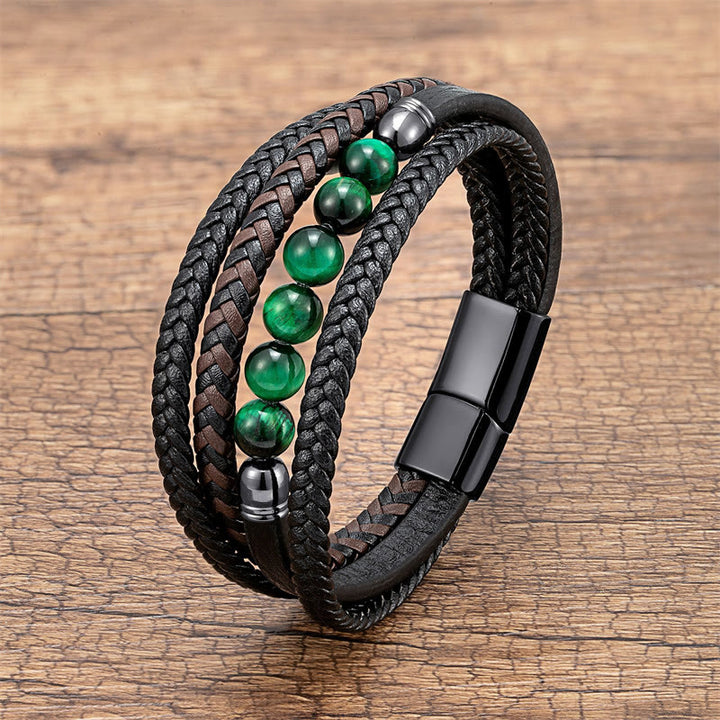 Buddha Stones Tiger Eye Lava Rock Black Onyx Lazurite Lapis Lazuli Hematite Bead Positive Leather Bracelet - Green Tiger Eye - 18-22cm - image 0