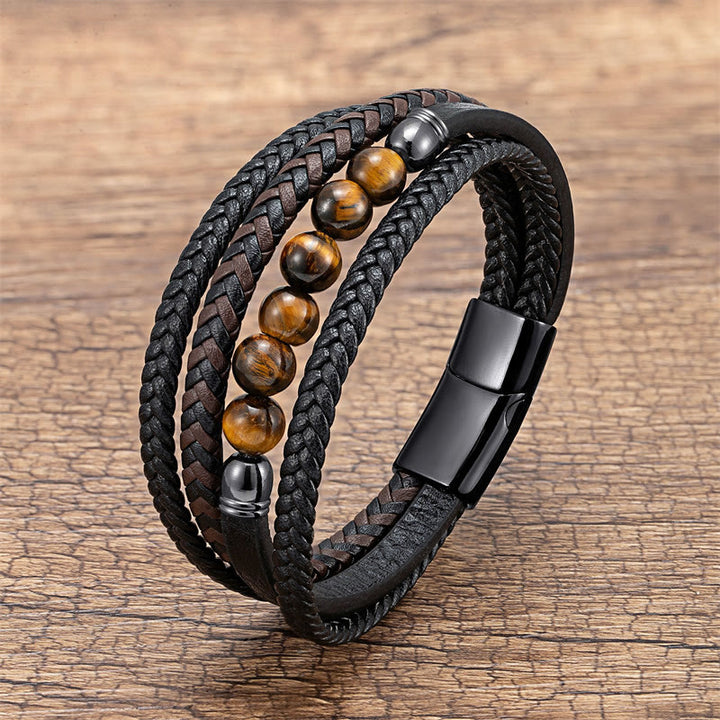 Buddha Stones Tiger Eye Lava Rock Black Onyx Lazurite Lapis Lazuli Hematite Bead Positive Leather Bracelet - Tiger Eye - 18-22cm - image 14