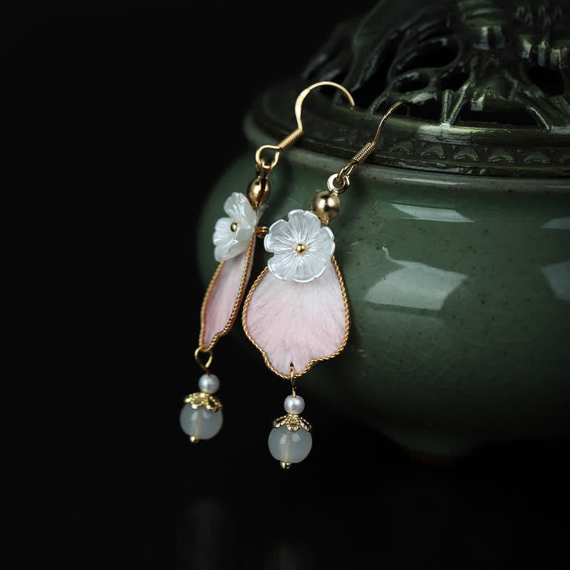 Buddha Stones Handcrafted Silk Art Petal Good Fortune Blessing Dangle Hook Earrings - image 5