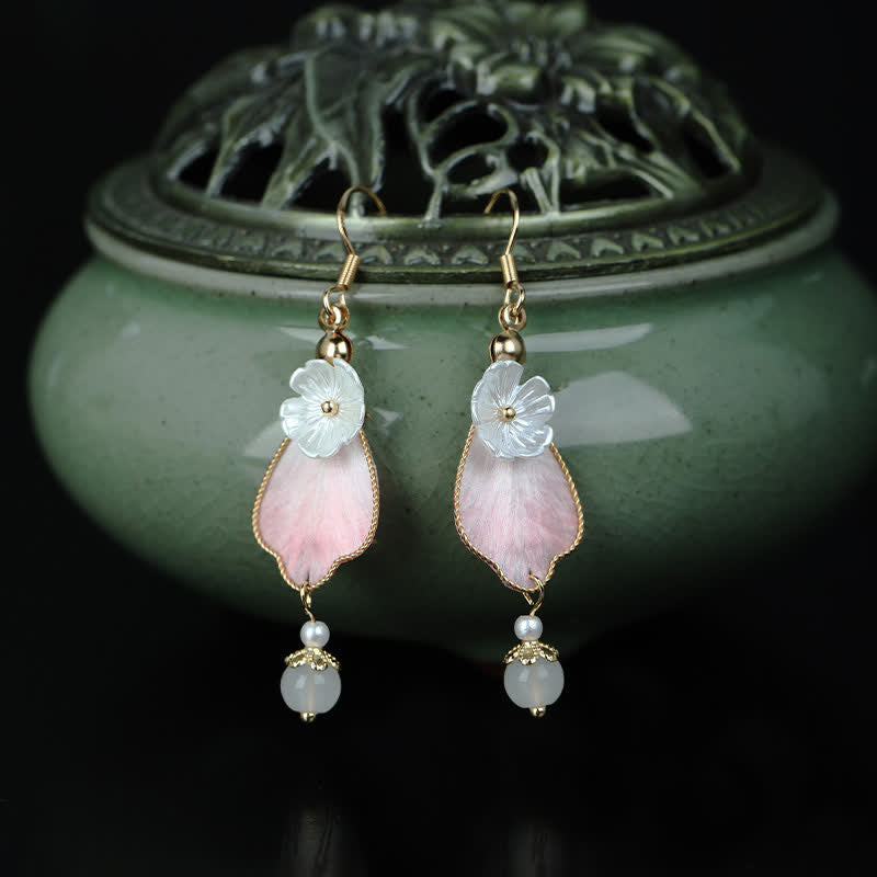 Buddha Stones Handcrafted Silk Art Petal Good Fortune Blessing Dangle Hook Earrings - image 4