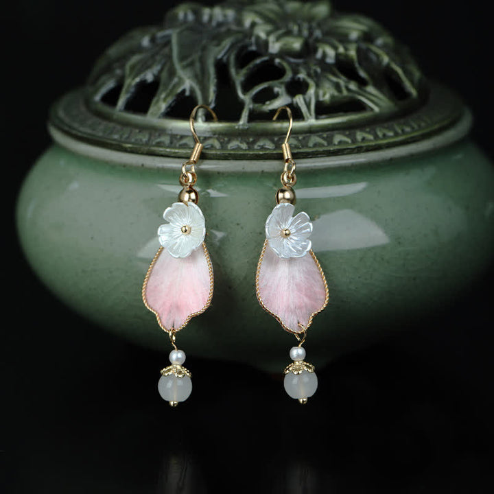 Buddha Stones Handcrafted Silk Art Petal Good Fortune Blessing Dangle Hook Earrings - image 4