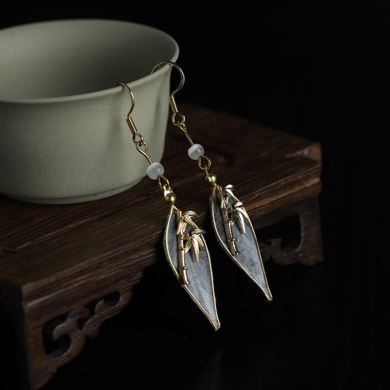 Buddha Stones Handcrafted Silk Art Bamboo Design Copper Hook Luck Protection Dangle Earrings - image 1