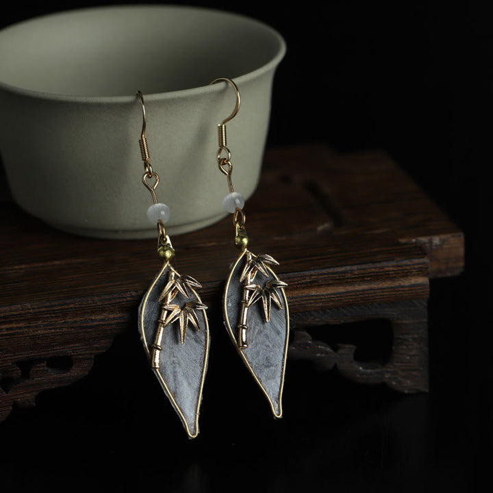 Buddha Stones Handcrafted Silk Art Bamboo Design Copper Hook Luck Protection Dangle Earrings - Bamboo(Length: About 4cm) - image 0