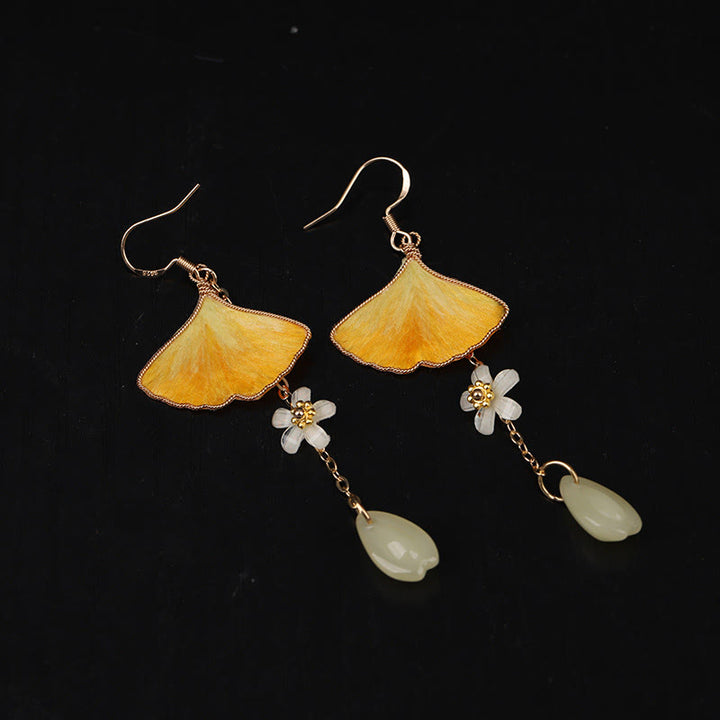 Buddha Stones Handmade Silk Craft Yellow Ginkgo Leaf Copper Hook Good Fortune Dangle Earrings - image 1