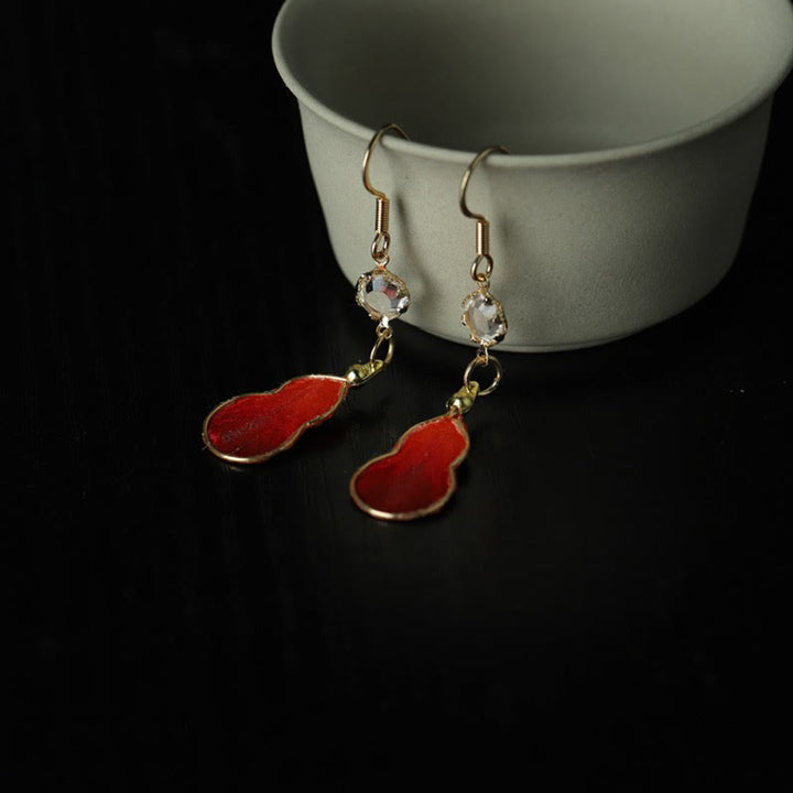 Buddha Stones Handcrafted Red Silk Art Gourd Glass Blessing Fortune Hook Earrings - image 1