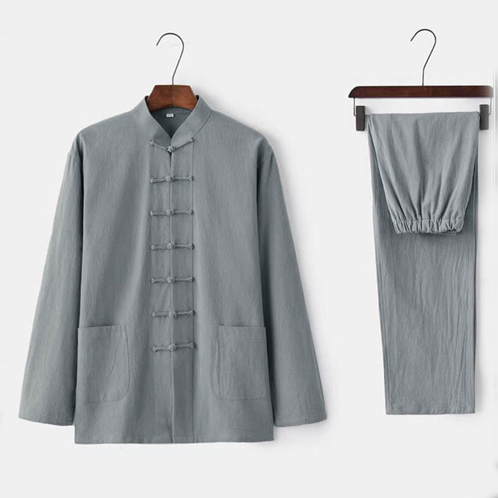 Buddha Stones 2Pcs Tang Suit Traditional Frog-Button Uniform Long Sleeve Shirt Pants Men's Set - Gainsboro - US/UK/AU44，EU54 (5XL) - image 2