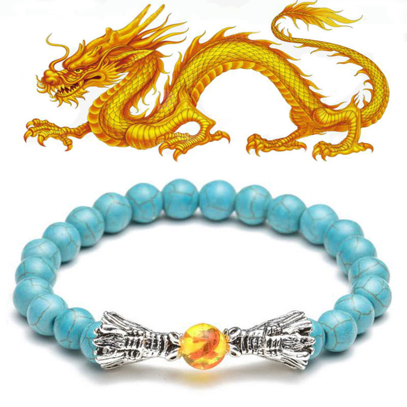 Buddha Stones White Turquoise Lava Rock Dragon Blessing Beaded Bracelet - Turquoise - image 18
