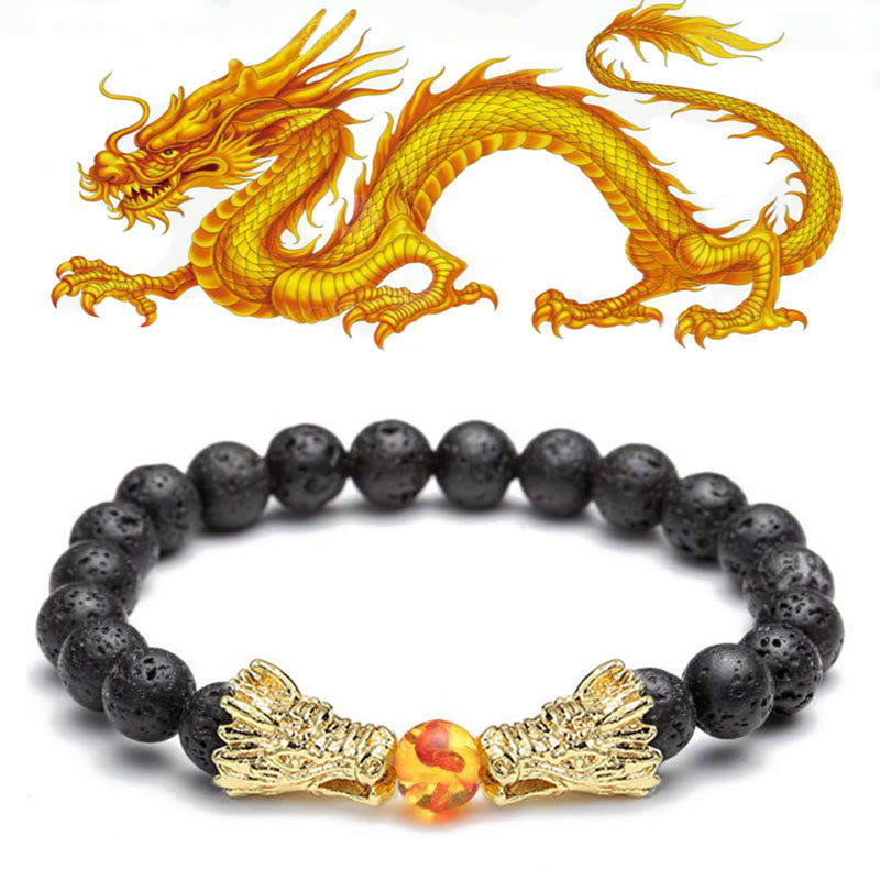 Buddha Stones White Turquoise Lava Rock Dragon Blessing Beaded Bracelet - Lava Rock&Gold - image 15